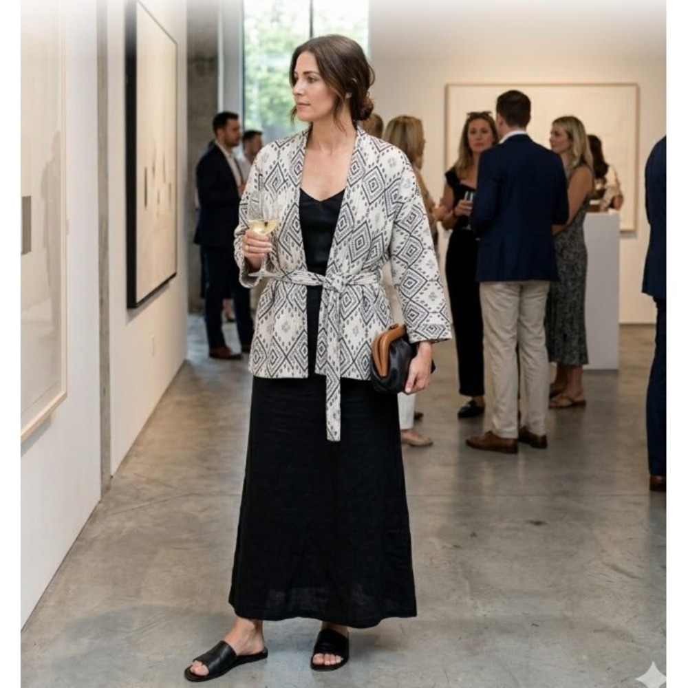 Madewell Arrowhead Jacquard Kimono Wrap Jacket Belted Cotton Cream Black M
